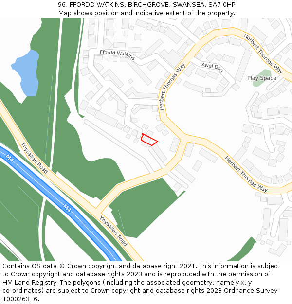 96, FFORDD WATKINS, BIRCHGROVE, SWANSEA, SA7 0HP: Location map and indicative extent of plot
