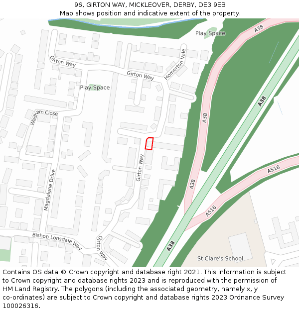 96, GIRTON WAY, MICKLEOVER, DERBY, DE3 9EB: Location map and indicative extent of plot