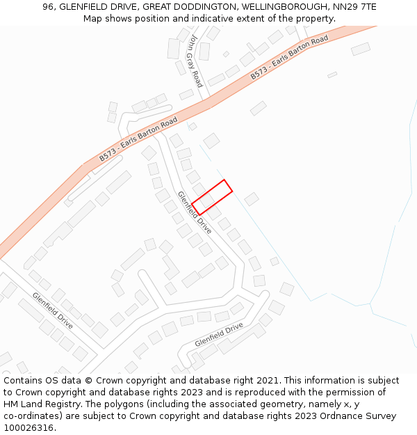 96, GLENFIELD DRIVE, GREAT DODDINGTON, WELLINGBOROUGH, NN29 7TE: Location map and indicative extent of plot