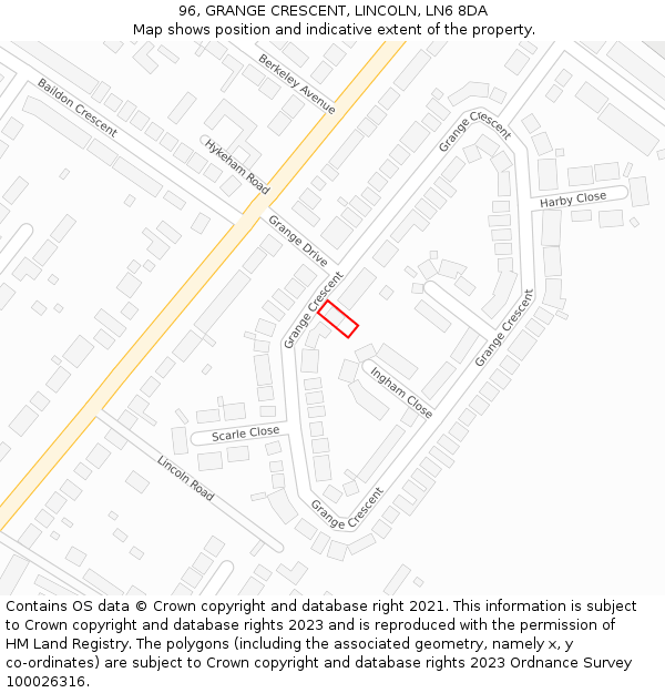 96, GRANGE CRESCENT, LINCOLN, LN6 8DA: Location map and indicative extent of plot