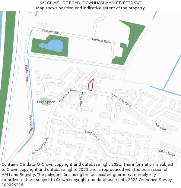 96, GRIMSHOE ROAD, DOWNHAM MARKET, PE38 9WF: Location map and indicative extent of plot