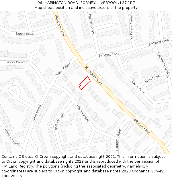 96, HARINGTON ROAD, FORMBY, LIVERPOOL, L37 1PZ: Location map and indicative extent of plot