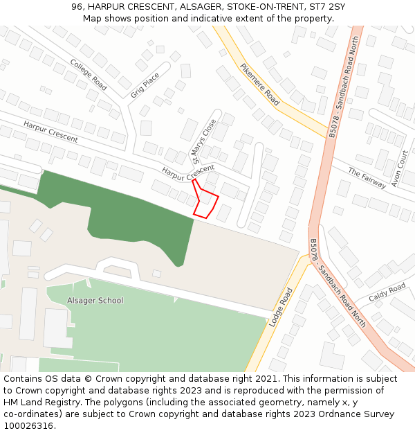 96, HARPUR CRESCENT, ALSAGER, STOKE-ON-TRENT, ST7 2SY: Location map and indicative extent of plot