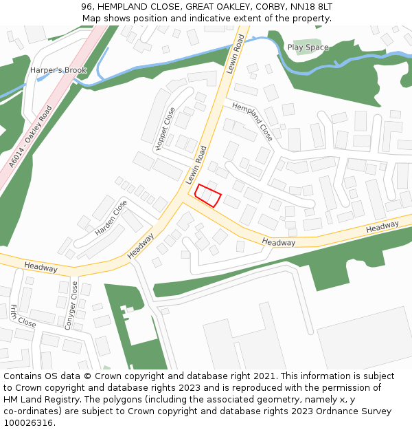 96, HEMPLAND CLOSE, GREAT OAKLEY, CORBY, NN18 8LT: Location map and indicative extent of plot