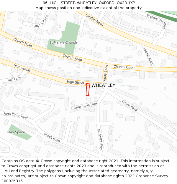 96, HIGH STREET, WHEATLEY, OXFORD, OX33 1XP: Location map and indicative extent of plot