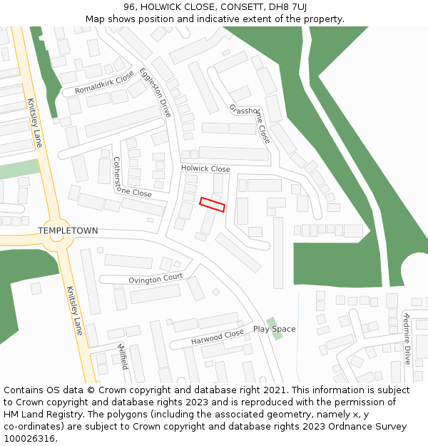 96, HOLWICK CLOSE, CONSETT, DH8 7UJ: Location map and indicative extent of plot
