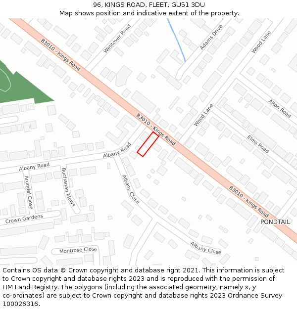 96, KINGS ROAD, FLEET, GU51 3DU: Location map and indicative extent of plot