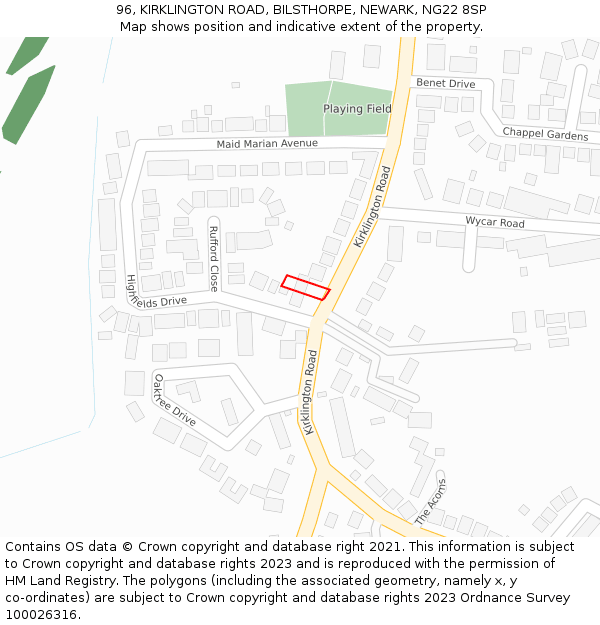 96, KIRKLINGTON ROAD, BILSTHORPE, NEWARK, NG22 8SP: Location map and indicative extent of plot