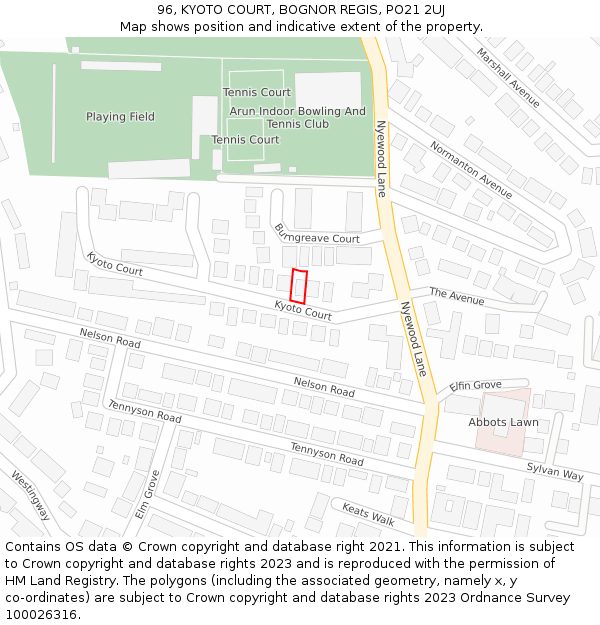 96, KYOTO COURT, BOGNOR REGIS, PO21 2UJ: Location map and indicative extent of plot