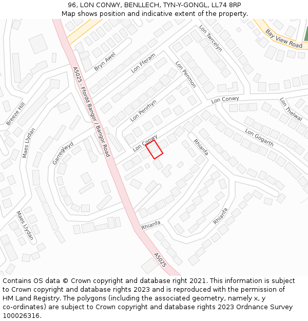 96, LON CONWY, BENLLECH, TYN-Y-GONGL, LL74 8RP: Location map and indicative extent of plot