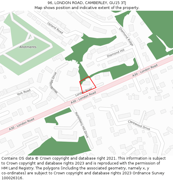 96, LONDON ROAD, CAMBERLEY, GU15 3TJ: Location map and indicative extent of plot