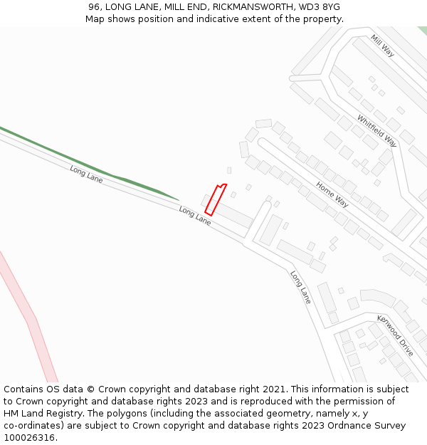 96, LONG LANE, MILL END, RICKMANSWORTH, WD3 8YG: Location map and indicative extent of plot
