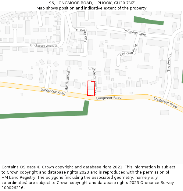 96, LONGMOOR ROAD, LIPHOOK, GU30 7NZ: Location map and indicative extent of plot