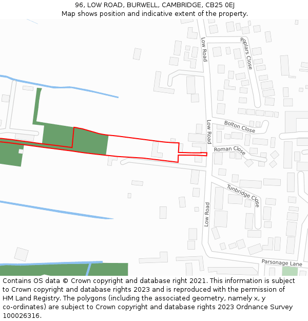 96, LOW ROAD, BURWELL, CAMBRIDGE, CB25 0EJ: Location map and indicative extent of plot