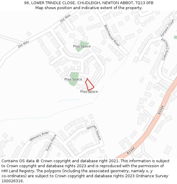 96, LOWER TRINDLE CLOSE, CHUDLEIGH, NEWTON ABBOT, TQ13 0FB: Location map and indicative extent of plot