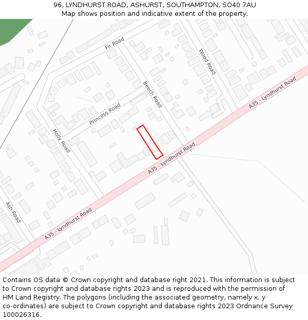 96, LYNDHURST ROAD, ASHURST, SOUTHAMPTON, SO40 7AU: Location map and indicative extent of plot