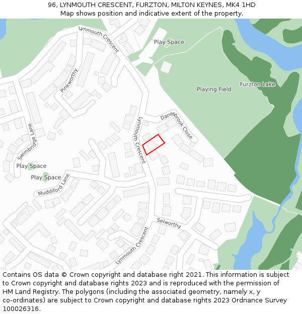 96, LYNMOUTH CRESCENT, FURZTON, MILTON KEYNES, MK4 1HD: Location map and indicative extent of plot