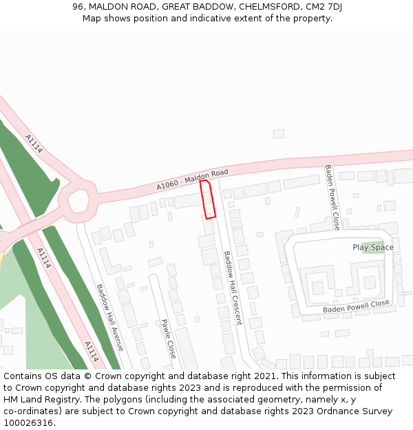 96, MALDON ROAD, GREAT BADDOW, CHELMSFORD, CM2 7DJ: Location map and indicative extent of plot