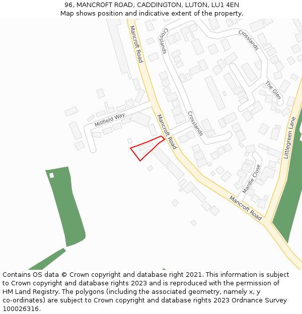 96, MANCROFT ROAD, CADDINGTON, LUTON, LU1 4EN: Location map and indicative extent of plot