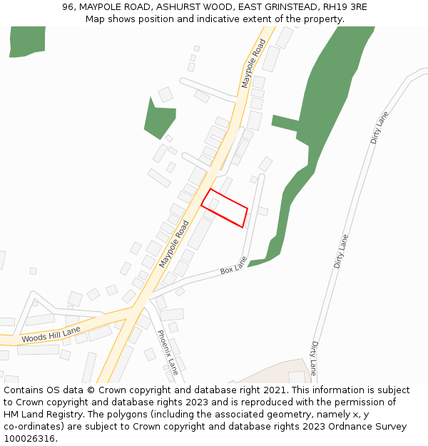 96, MAYPOLE ROAD, ASHURST WOOD, EAST GRINSTEAD, RH19 3RE: Location map and indicative extent of plot