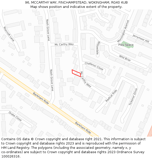 96, MCCARTHY WAY, FINCHAMPSTEAD, WOKINGHAM, RG40 4UB: Location map and indicative extent of plot
