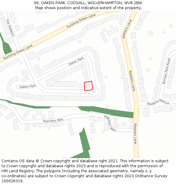 96, OAKEN PARK, CODSALL, WOLVERHAMPTON, WV8 2BW: Location map and indicative extent of plot