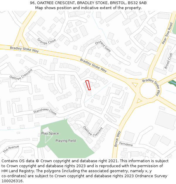 96, OAKTREE CRESCENT, BRADLEY STOKE, BRISTOL, BS32 9AB: Location map and indicative extent of plot