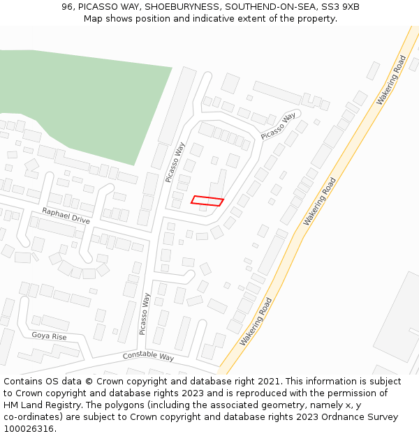 96, PICASSO WAY, SHOEBURYNESS, SOUTHEND-ON-SEA, SS3 9XB: Location map and indicative extent of plot