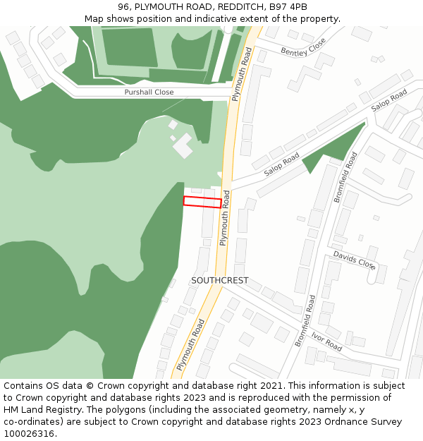 96, PLYMOUTH ROAD, REDDITCH, B97 4PB: Location map and indicative extent of plot