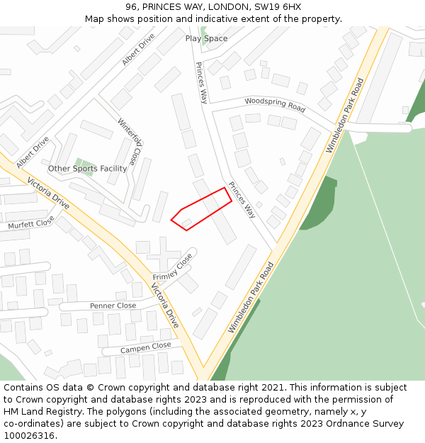 96, PRINCES WAY, LONDON, SW19 6HX: Location map and indicative extent of plot