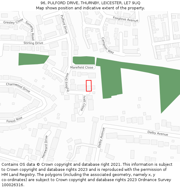 96, PULFORD DRIVE, THURNBY, LEICESTER, LE7 9UQ: Location map and indicative extent of plot