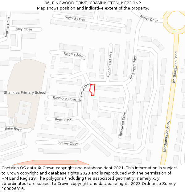 96, RINGWOOD DRIVE, CRAMLINGTON, NE23 1NP: Location map and indicative extent of plot