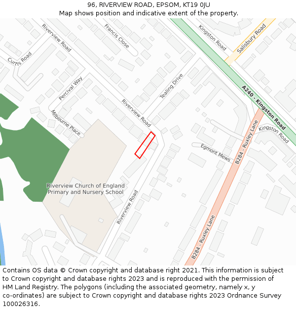 96, RIVERVIEW ROAD, EPSOM, KT19 0JU: Location map and indicative extent of plot