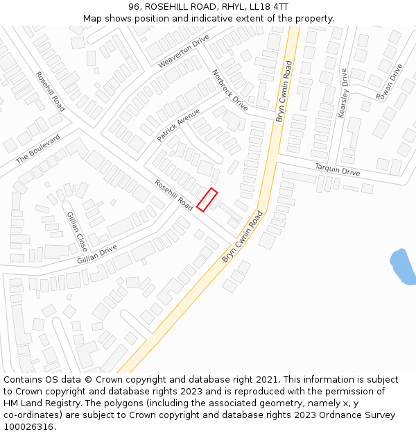 96, ROSEHILL ROAD, RHYL, LL18 4TT: Location map and indicative extent of plot