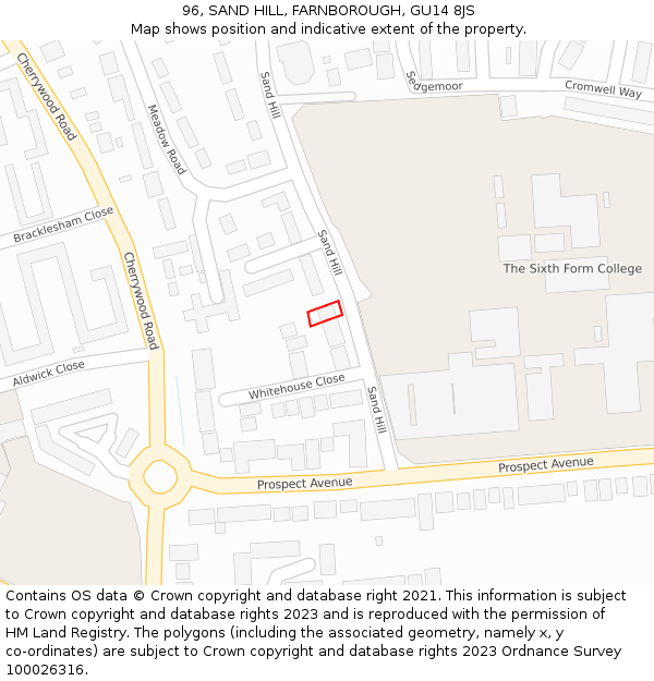 96, SAND HILL, FARNBOROUGH, GU14 8JS: Location map and indicative extent of plot