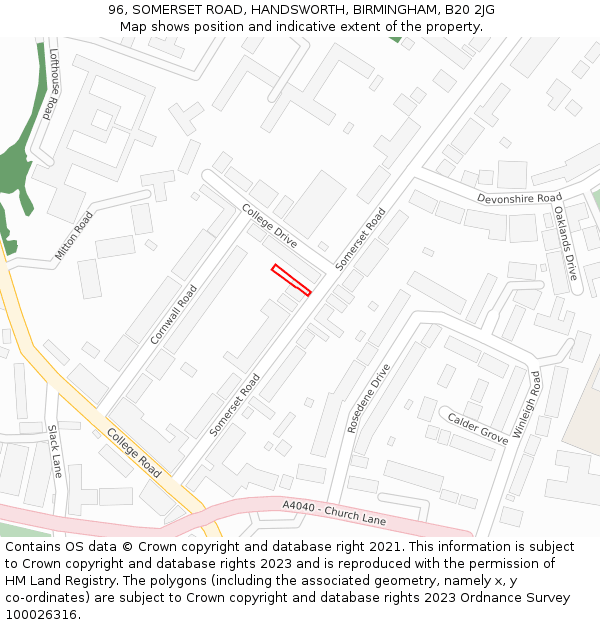 96, SOMERSET ROAD, HANDSWORTH, BIRMINGHAM, B20 2JG: Location map and indicative extent of plot