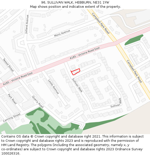 96, SULLIVAN WALK, HEBBURN, NE31 1YW: Location map and indicative extent of plot