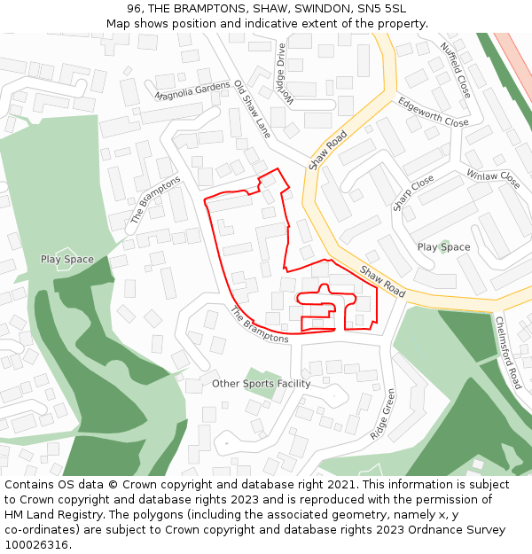 96, THE BRAMPTONS, SHAW, SWINDON, SN5 5SL: Location map and indicative extent of plot