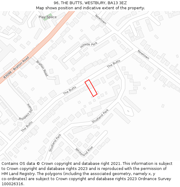 96, THE BUTTS, WESTBURY, BA13 3EZ: Location map and indicative extent of plot