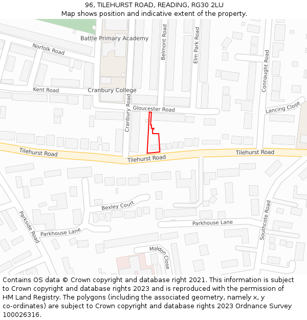 96, TILEHURST ROAD, READING, RG30 2LU: Location map and indicative extent of plot