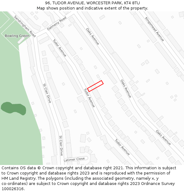 96, TUDOR AVENUE, WORCESTER PARK, KT4 8TU: Location map and indicative extent of plot