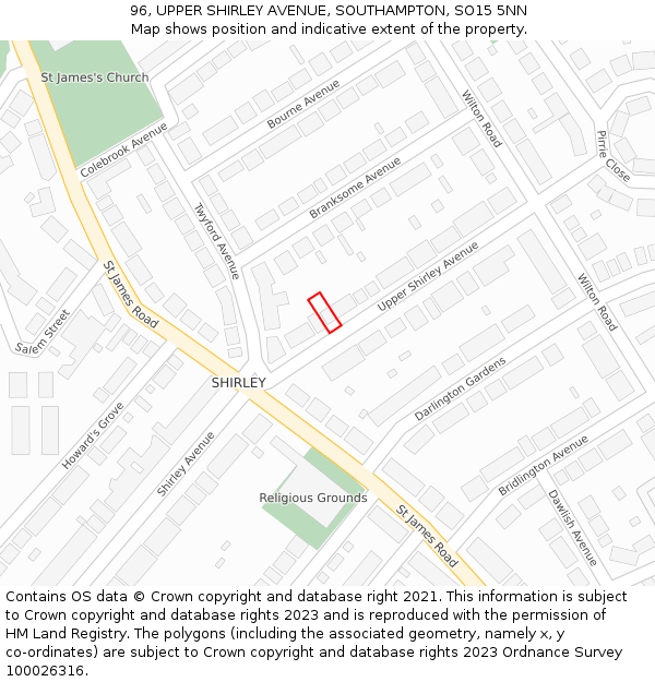 96, UPPER SHIRLEY AVENUE, SOUTHAMPTON, SO15 5NN: Location map and indicative extent of plot