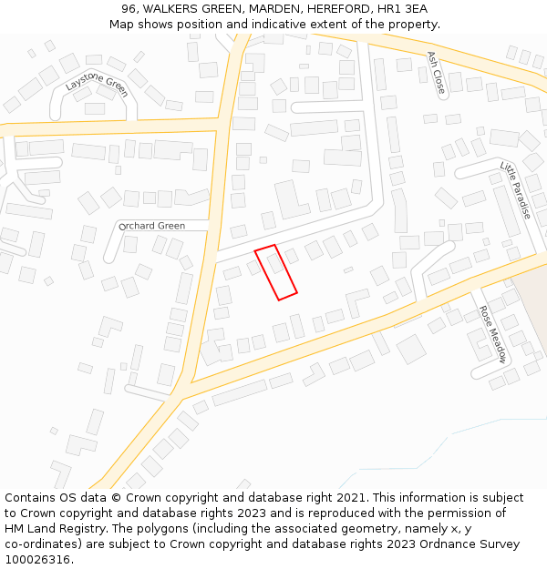 96, WALKERS GREEN, MARDEN, HEREFORD, HR1 3EA: Location map and indicative extent of plot