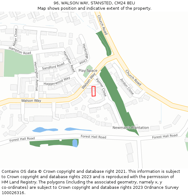 96, WALSON WAY, STANSTED, CM24 8EU: Location map and indicative extent of plot