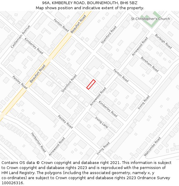 96A, KIMBERLEY ROAD, BOURNEMOUTH, BH6 5BZ: Location map and indicative extent of plot