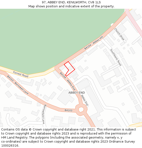 97, ABBEY END, KENILWORTH, CV8 1LS: Location map and indicative extent of plot