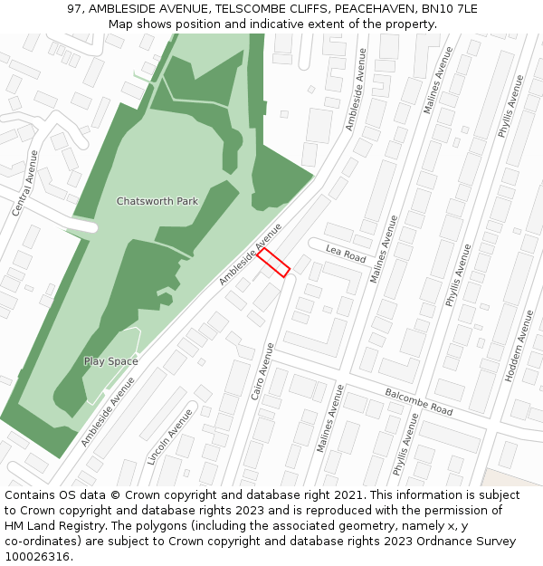 97, AMBLESIDE AVENUE, TELSCOMBE CLIFFS, PEACEHAVEN, BN10 7LE: Location map and indicative extent of plot