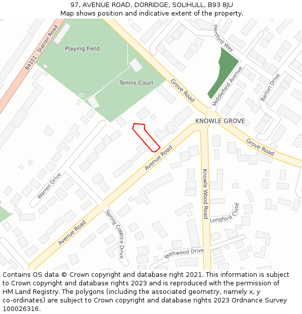 97, AVENUE ROAD, DORRIDGE, SOLIHULL, B93 8JU: Location map and indicative extent of plot