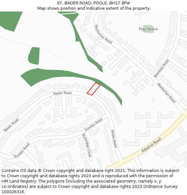 97, BADER ROAD, POOLE, BH17 8PW: Location map and indicative extent of plot
