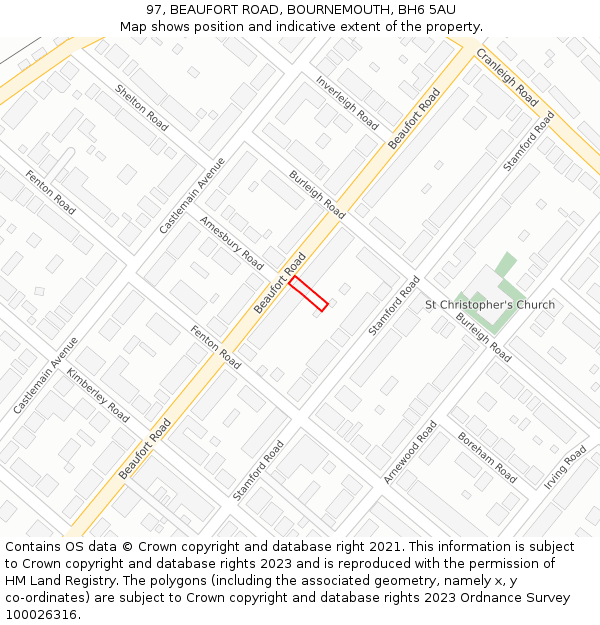 97, BEAUFORT ROAD, BOURNEMOUTH, BH6 5AU: Location map and indicative extent of plot